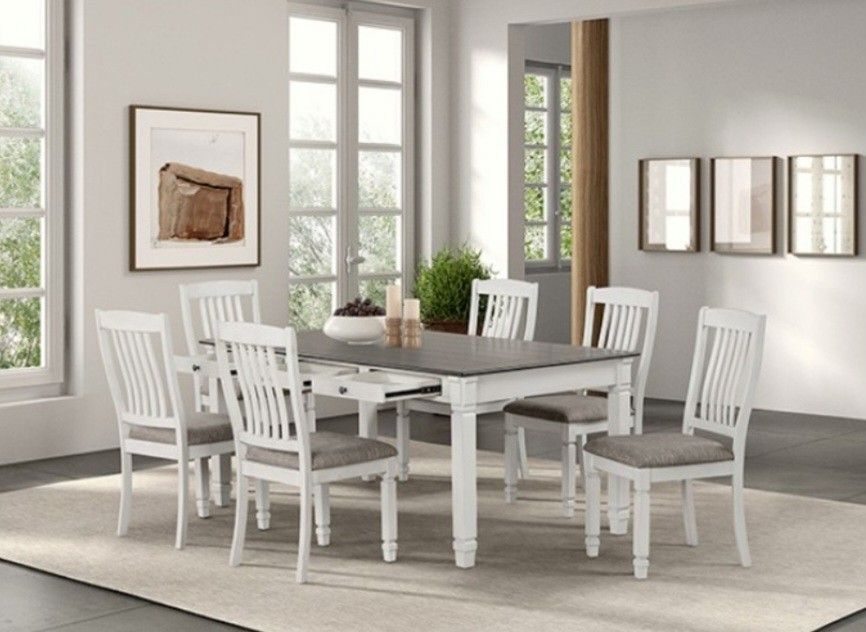 Brand New Rustic White Grey Farmhouse Style 7pc Dining Table Set