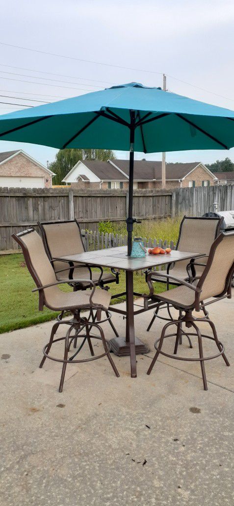 Patio Set  Balcony Chairs With Table And 9 Ft Umbrella And Weight Stand  300.00