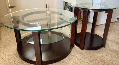 2 Piece Coffee Table & End Table Set Wood Glass Furniture