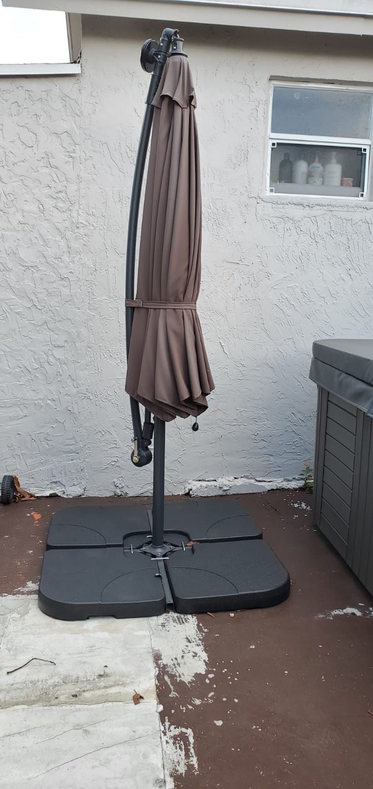 10-Foot Solar Patio Umbrella with Outdoor LED Lights Crank - Brown Polyester plus weighted base