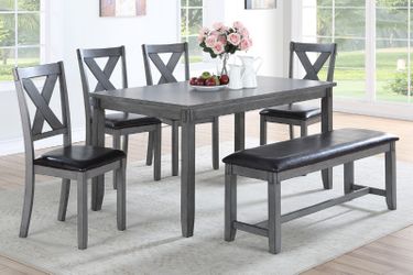 ✅️✅️6 pc laurel  gray finish wood dining table set padded seat chairs and bench✅️✅️