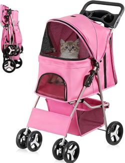 Pink Foldable Pet Stroller with Four Wheels