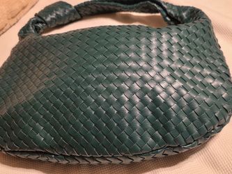 Melie Bianco Brigitte Green Woven Leather Large Duffle tote Shoulder Bag 16" X 11"