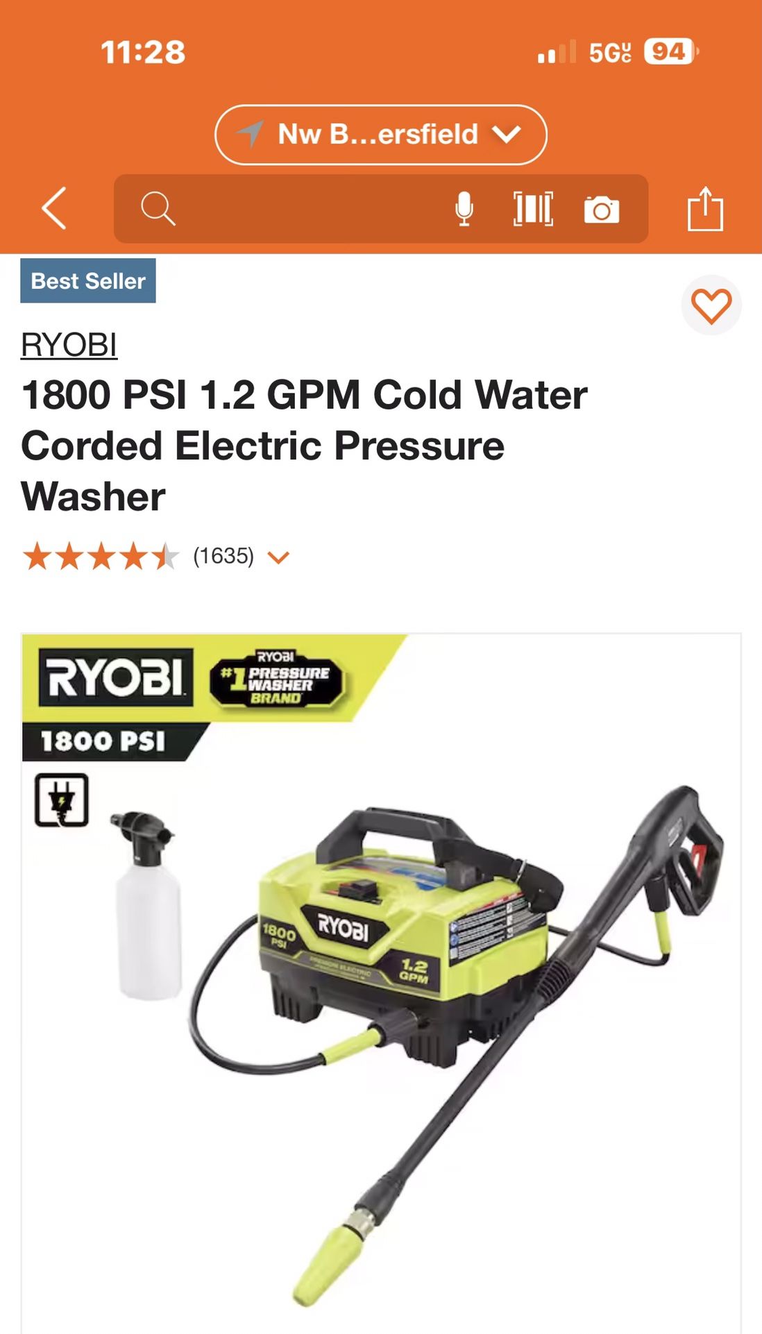 Ryobi Pressure Washer 1900psi Like New