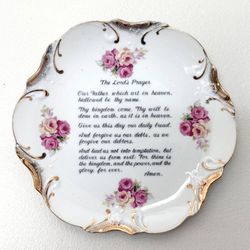 Vintage Collectible 8 Inch The Lords Prayer Decorative Wall Hanging Plate With 18K Trim Gold Made In Japan