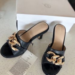 The Drop Black and Gold Chain Detail Women's Heels