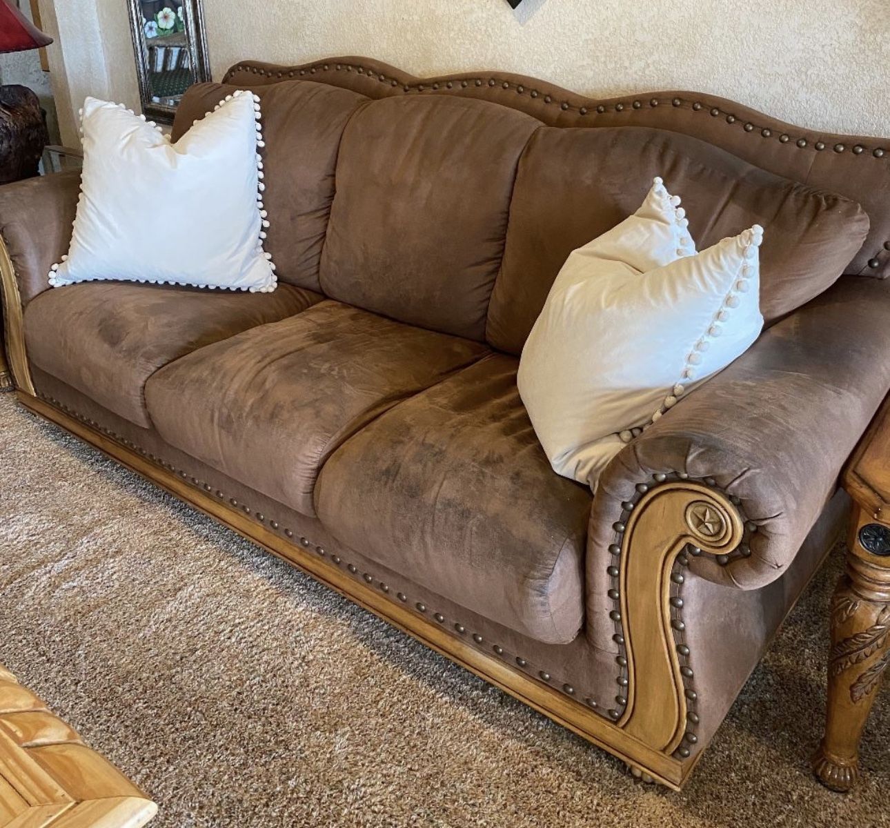 Western Rustic Style Leather w/Wood Accent Sofa
