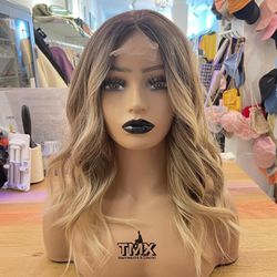 Human hair blend lace front ombré blonde dirty blonde bob wave wig