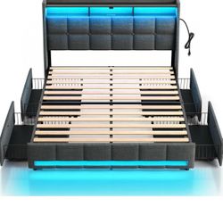 Rolanstar Full Size Bed Frame with LED Lights and Charging Station, Upholstered Bed Storage Headboard & Drawers, Heavy Duty Wood Slats, Easy Assembly,