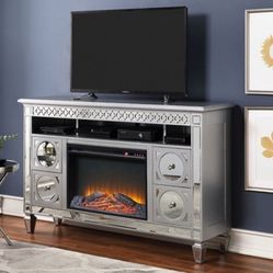 Brand New Silver TV Stand w Fire Place