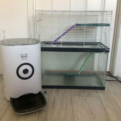 Hamster Cage Plus Fish Tank, Automatic Pet Feeder