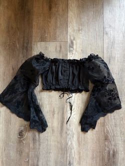 Black Off-the-Shoulder Crop Top with Sheer Bell Sleeves Womens Small