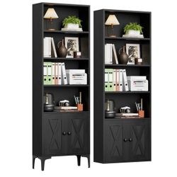 5-Shelf Bookcase with Doors, Adjustable feet, Floor Standing Storage Cabinet for Home Office, Black