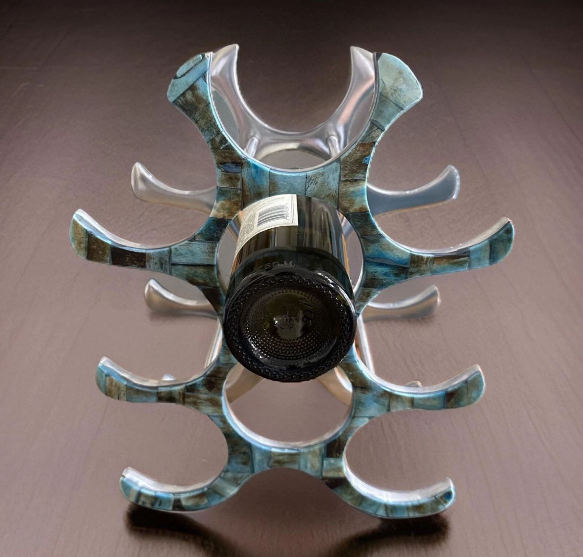 Silver And Teal/ Blue Inlay 9 Bottle Wine Rack