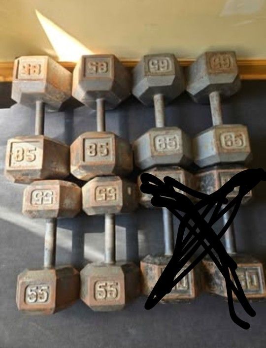 55lb, 65lb And 85lb Metal Hex Dumbbells 