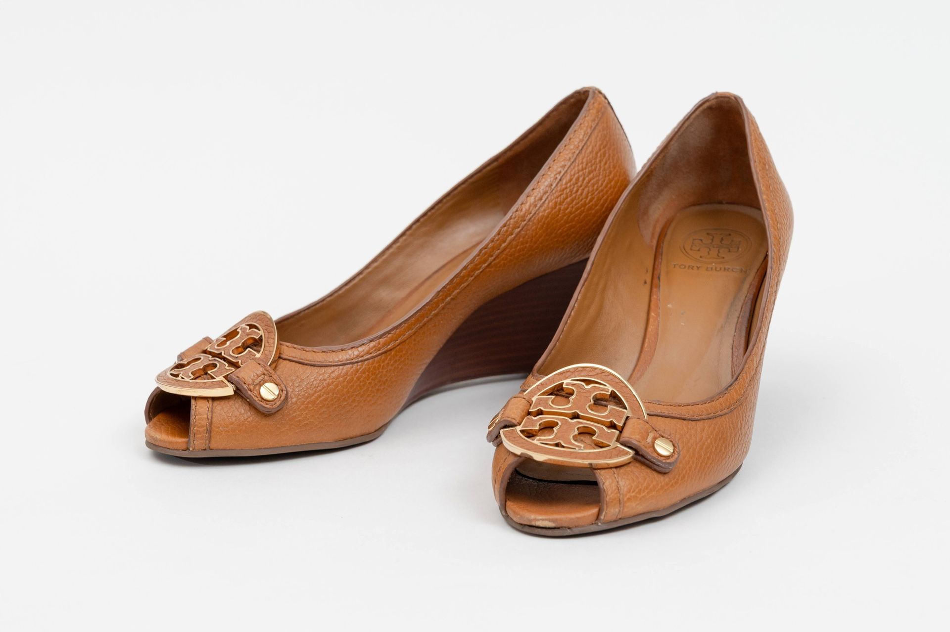 Tory Burch Brown Leather Peep Toe Wedge Heels Size 9.5