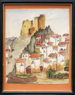 Spanish Village original framed watercolor painting urban landscape cityscape