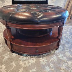 Brown Wood & Leather Top Ottoman (glass Top Included) w/Serving Tray