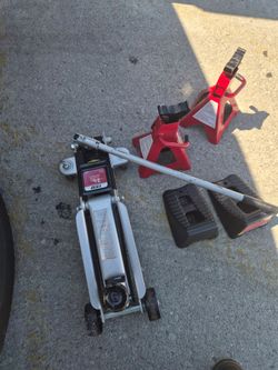 Floor jack, 2 jack stands, and 2 wheel chocks