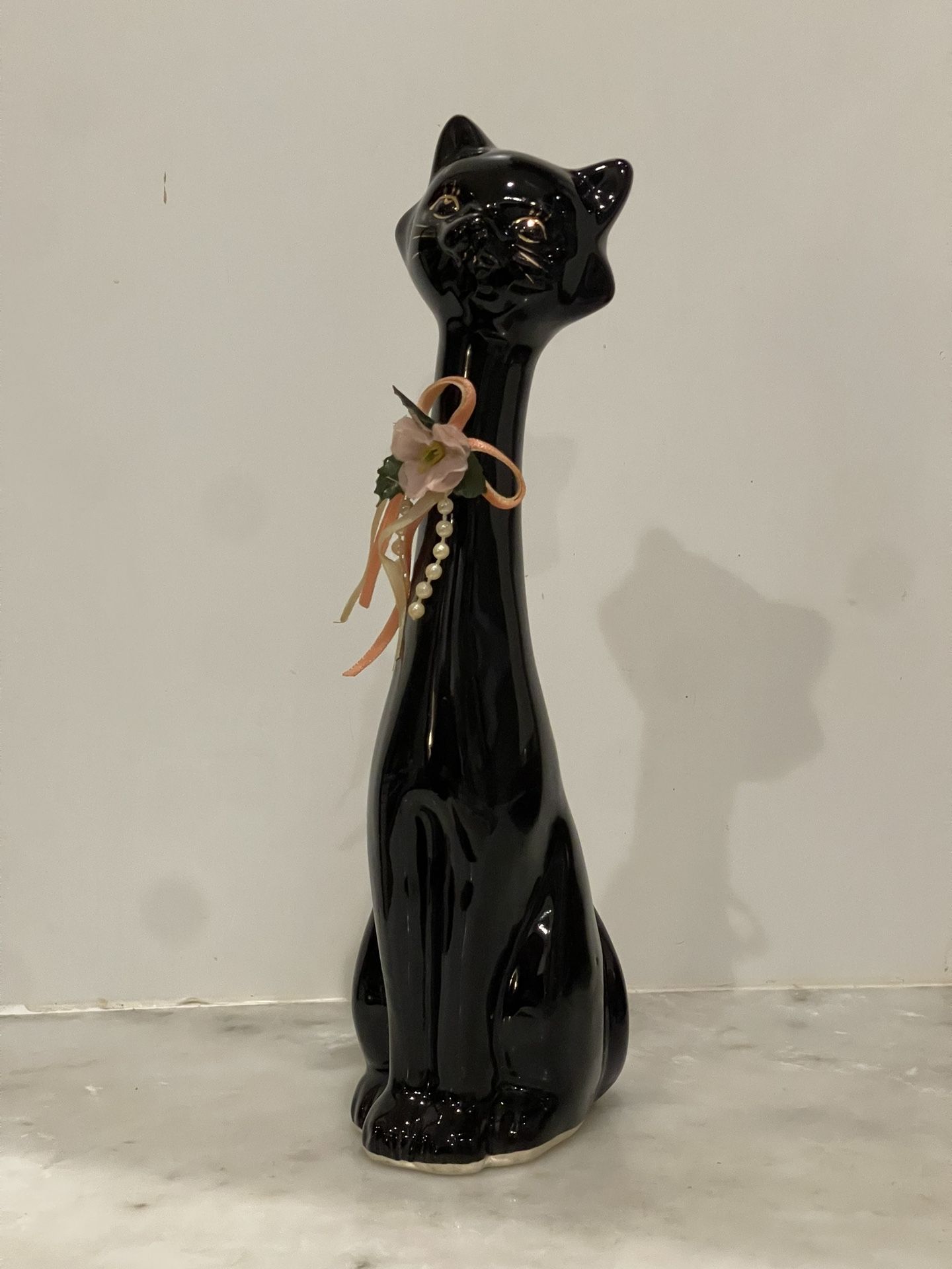 Mid Century Modern Long Neck Siamese Cat Ceramic Figurine Gold Detailing Face