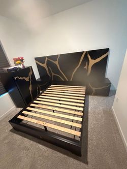 Black and Gold Bed Frame with Nightstands
