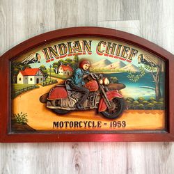 Rare Vintage 3D Indian Chief Motorcycles 1953 24" X 16" Wood Hand Painted Sign