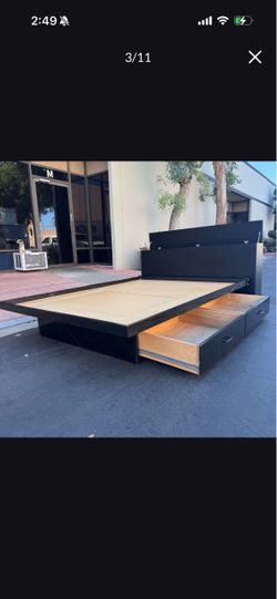 Mid Century Modern Black Queen Platform Bed Frame with 2 Drawers and Storage Headboard
