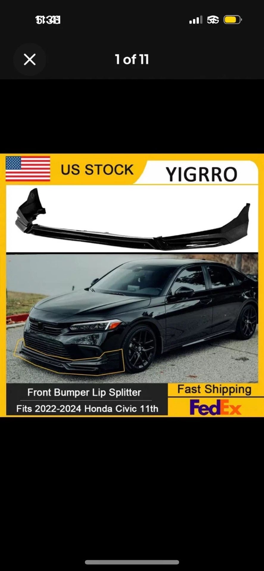 2022 Honda Civic Yofer V3 Glossy Black Front lip