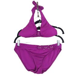 Badgley Mischka Women's Bikini Purple Rosette Beaded Vintage 90s Y2K Bathing Suit