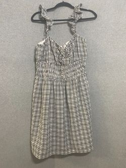 WAYF Women XL Gingham Seersucker Mini Dress Black White Smocked Ruffle Strap Tie