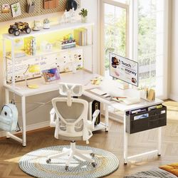 AODK L Shaped Desk Gaming Desk with LED Light & Power Outlet, 53 Inch Reversible L Shaped Computer Table 