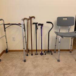 Walker, shower chair & 5 canes