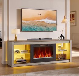 Fireplace TV Stand for 75 inch TV with 23 inch Electric Fireplace, 70 inch Entertainment Center for Living Room with LED Light Glass Shelves Wash Whit