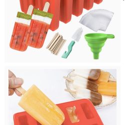 Popsicle Molds, 10-Cavity Popsicle Maker Silicone Homemade Ice Pop Molds with 50 Popsicle Sticks, 50 Popsicle Bags, Silicone Funnel & Cleaning B