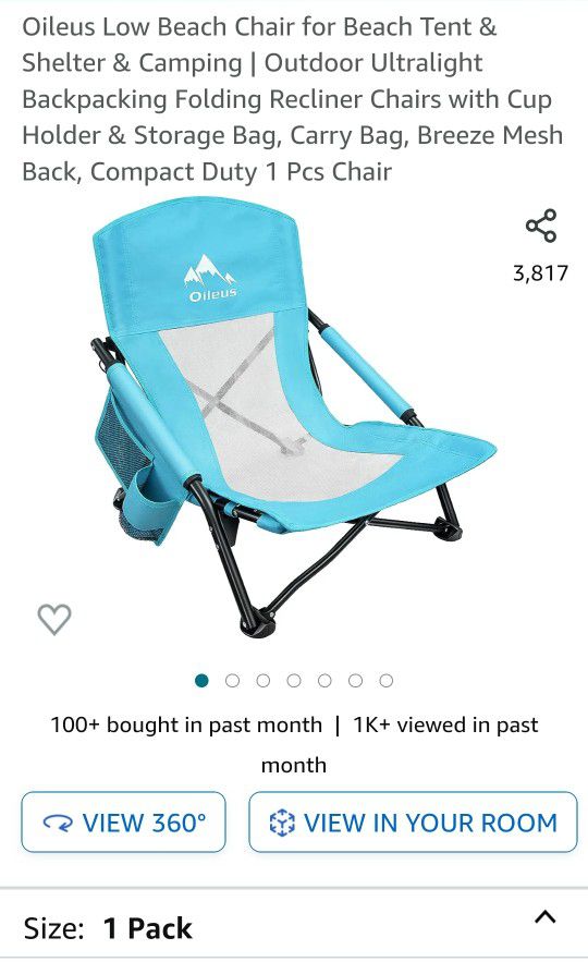Low Beach Chair for Beach Tent & Shelter & Camping | Outdoor Ultralight Backpacking Folding Recliner Chairs with Cup Holder & Storage Bag, Carry Bag, 