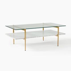 WEST ELM Mid-Century Art Display Marble Coffee Table (46")   Overall: 46"w x 26.1"d x 17"h. Bottom shelf: 46"w x 24"d. Shelf spacing: 6.6" 