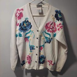 Northern Reflections Womens Medium Cardigan Sweater Embroidered Flowers Vintage Cotton Long Sleeve Top