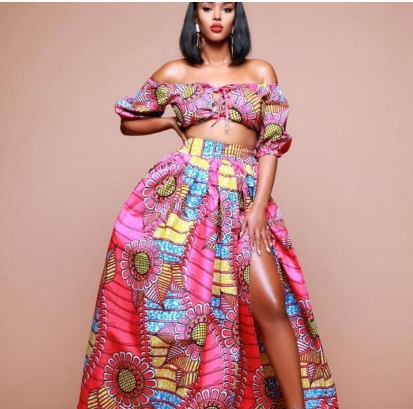 African print 2 Piece Crop Top and Pleated Maxi Skirt with Side Slit