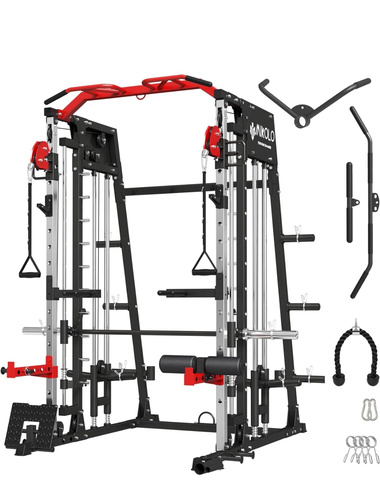 Mikolo Smith Machine, 2200lbs Squat Rack with LAT-Pull Down System & Cable Crossover Machine, Training Equipment with Leg Hold-Down Attachment