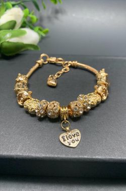 18K Gold Plated Crystal Rhinestone Star Love Heart Charm Bracelet, I love you