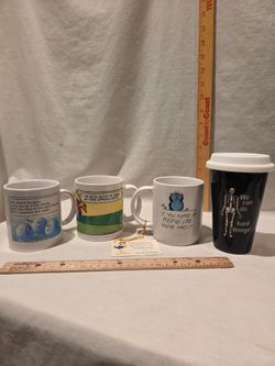 Novelty ceramic mugs and a tall travel mug,lot of 4