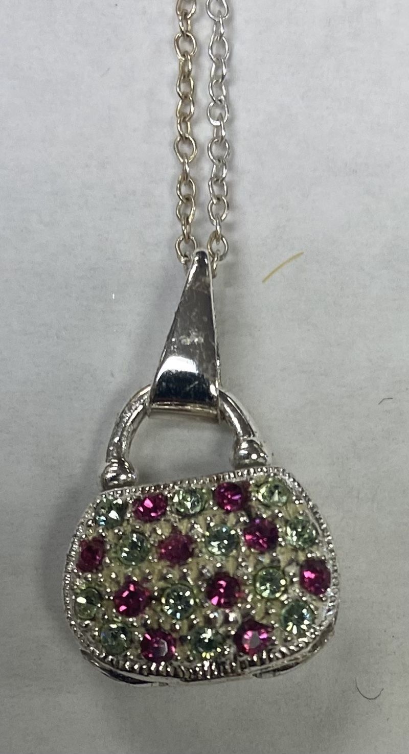 SILVER .925 SMALL PURSE PENDANT LOCKET WITH STONES AND CHAIN VERY UNIQUE 