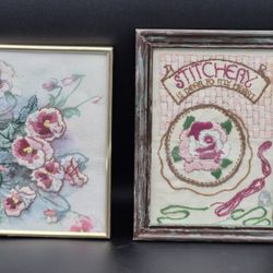 Set Of 2 Vintage Framed Hand Embroidered Pictures 