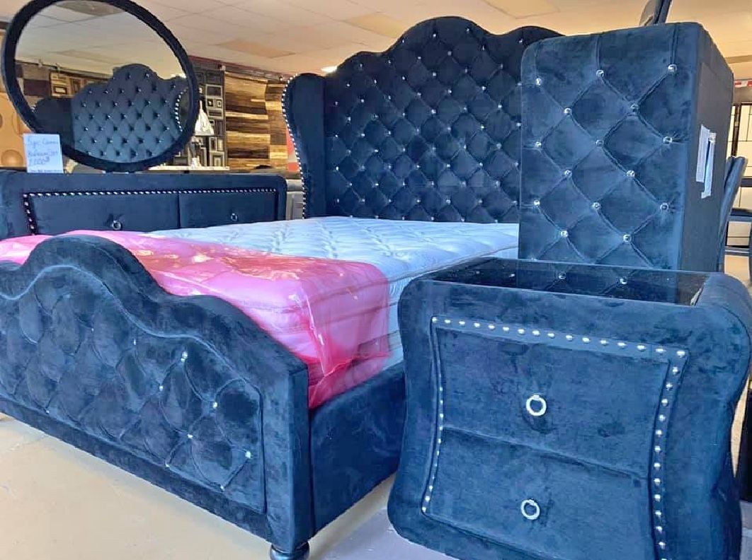 Tufted Bed frame With Matching Nightstands And Dresser With Mirrorโผ๏ธ Same Day Delivery