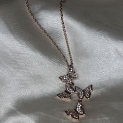 Rose Gold  Color ,  Silver Butterflies Necklace 
