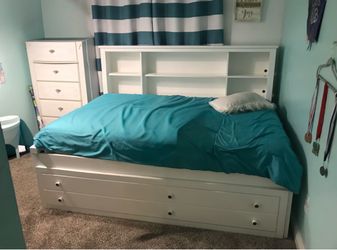 White Full Bed Frame with Storage Drawers and Bookcase Headboard