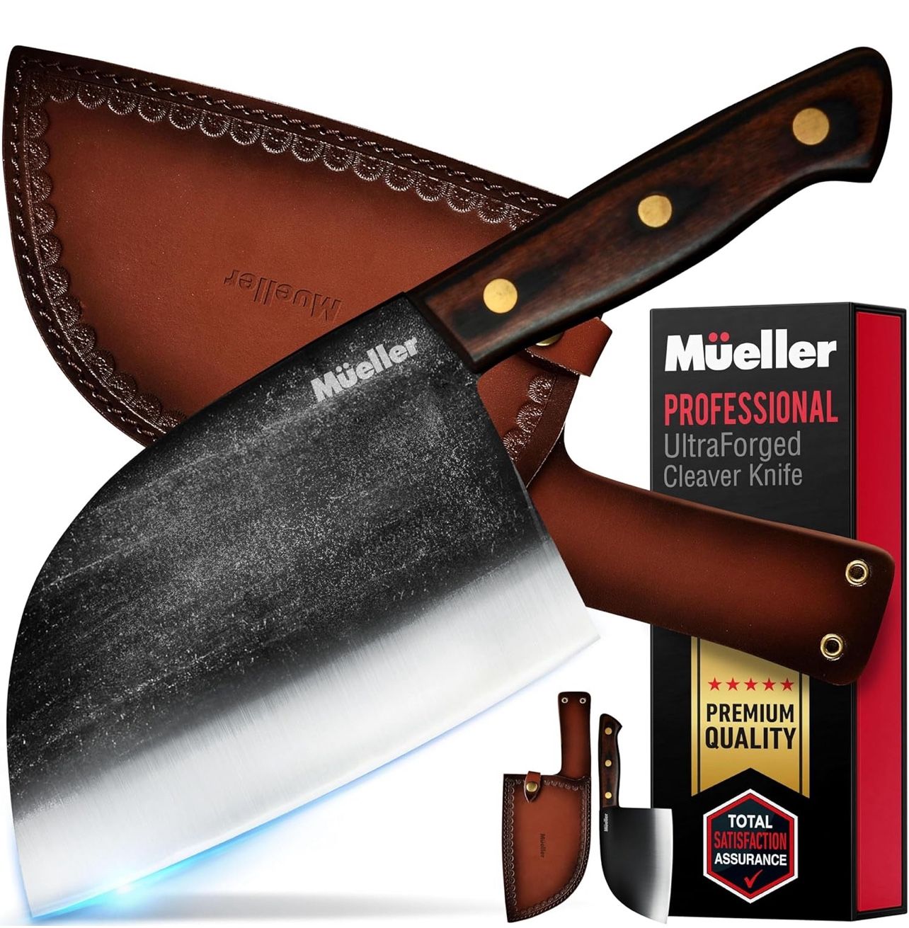 Mueller Outstanding Ancient Forged Serbian Meat Cleaver Knife 6.7” Full Tang, High-Carbon Steel Chef Knife, Pakkawood Handle, Kitchen Knive witleather