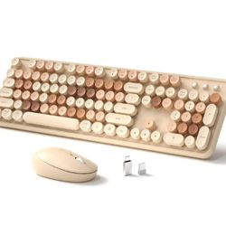 Wireless Keyboard and Mouse, Full-Size Retro Typewriter Keyboard with Round Keycaps, 2.4GHz for Windows, Mac, Laptop, PC, Desktop (Milky Tea Colorful)