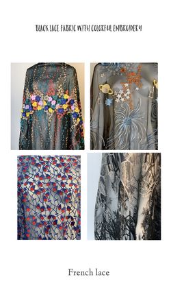 Black lace fabric with colorful embroidery