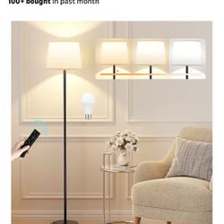 Modern Floor Lamp with Adjustable Brightness, Remote Control, Black, LED Bulbs, White Shade, Foot Switch, Easy Assembly